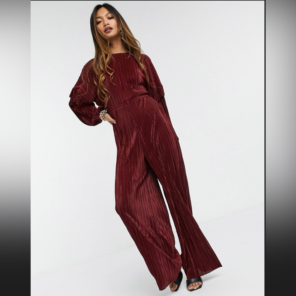 ASOS design ruffled open back long sleeve plisse tea jumpsuit in red
